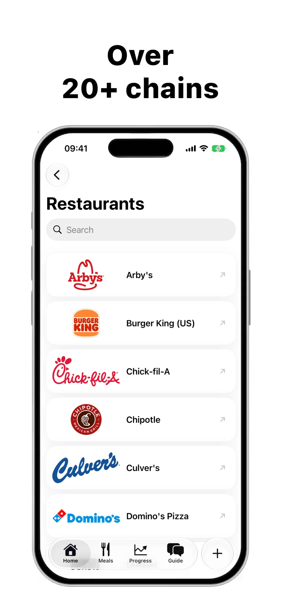 Trayly restaurant list covering more than 20 popular chains