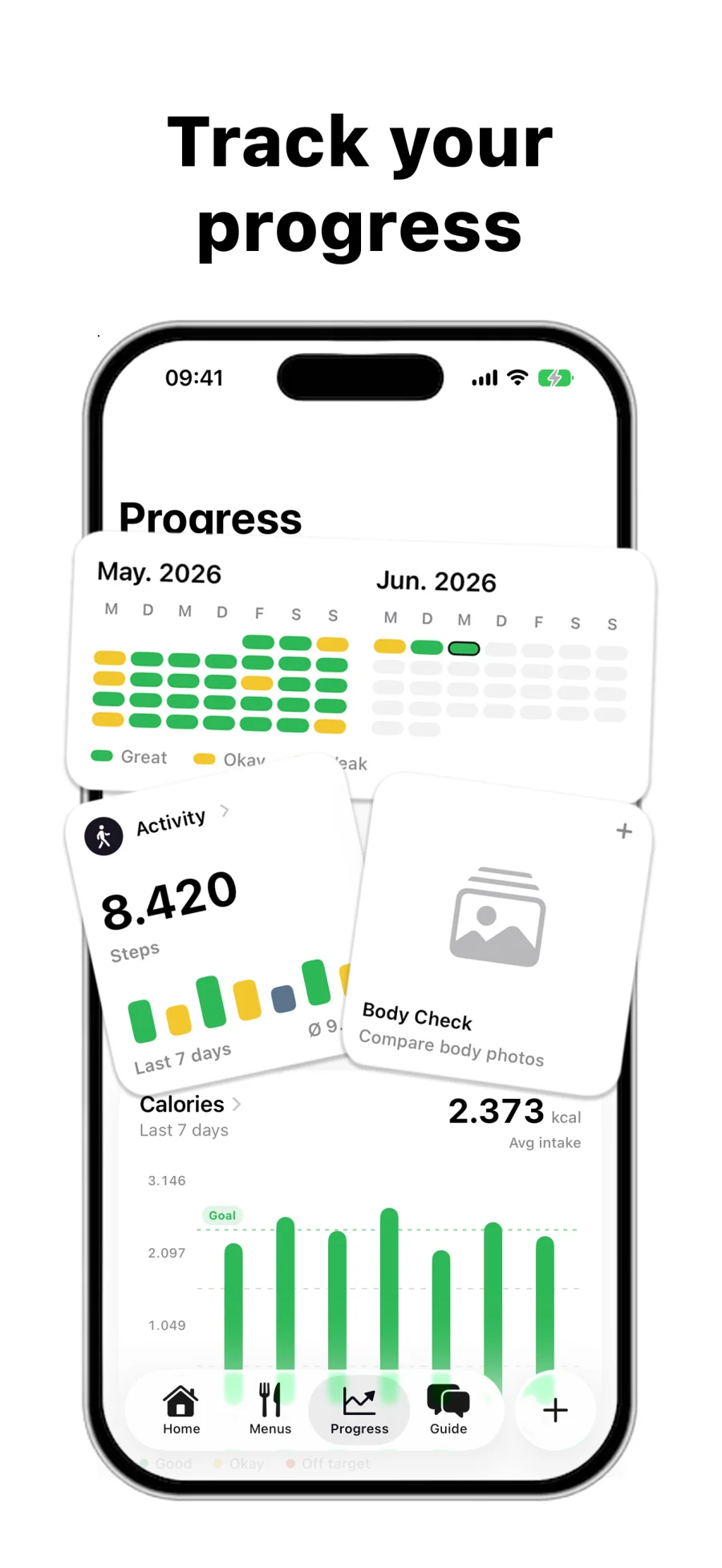 Trayly progress screen with consistency, steps, and calorie trends