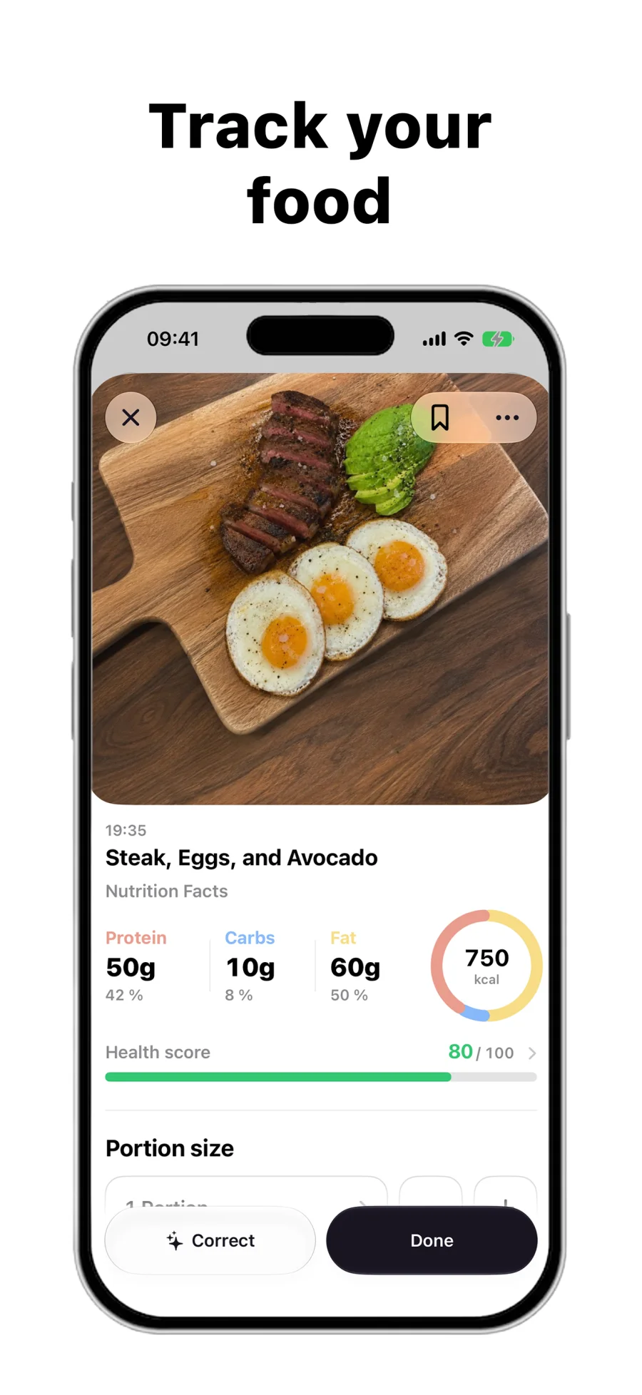 A logged meal in Trayly with AI calorie, macro, and health-score breakdown