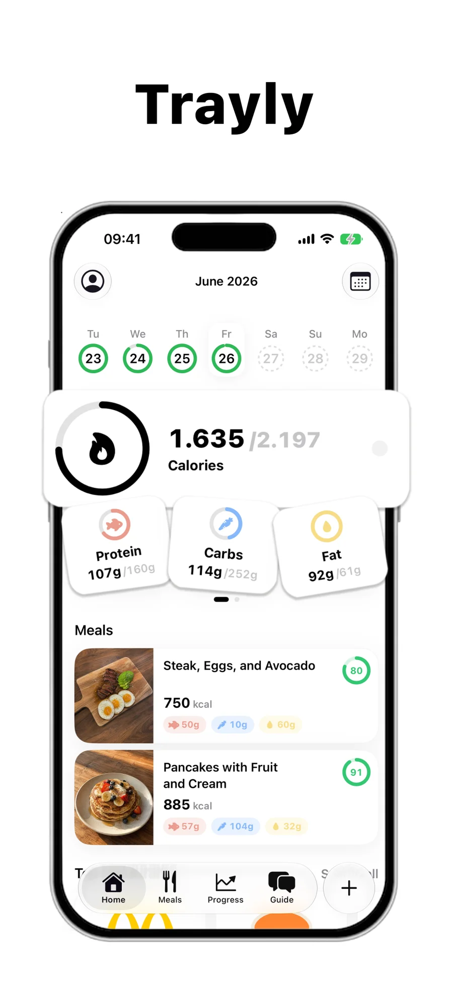 Trayly home screen with the day’s calories and macros