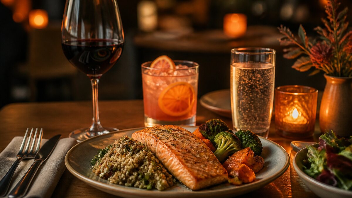 Restaurant table with a glass of red wine, a citrus cocktail, sparkling water, and dinner plates.