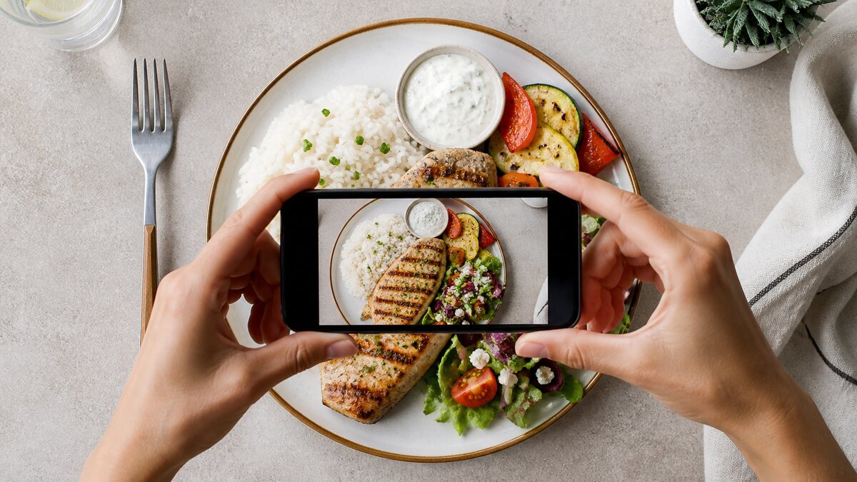 Phone photographing a restaurant grain bowl from a slight angle with sauce and bread visible beside it.