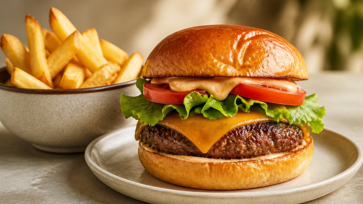 A cut restaurant cheeseburger revealing a brioche bun, beef patty, melted cheese, vegetables, and sauce beside fries.