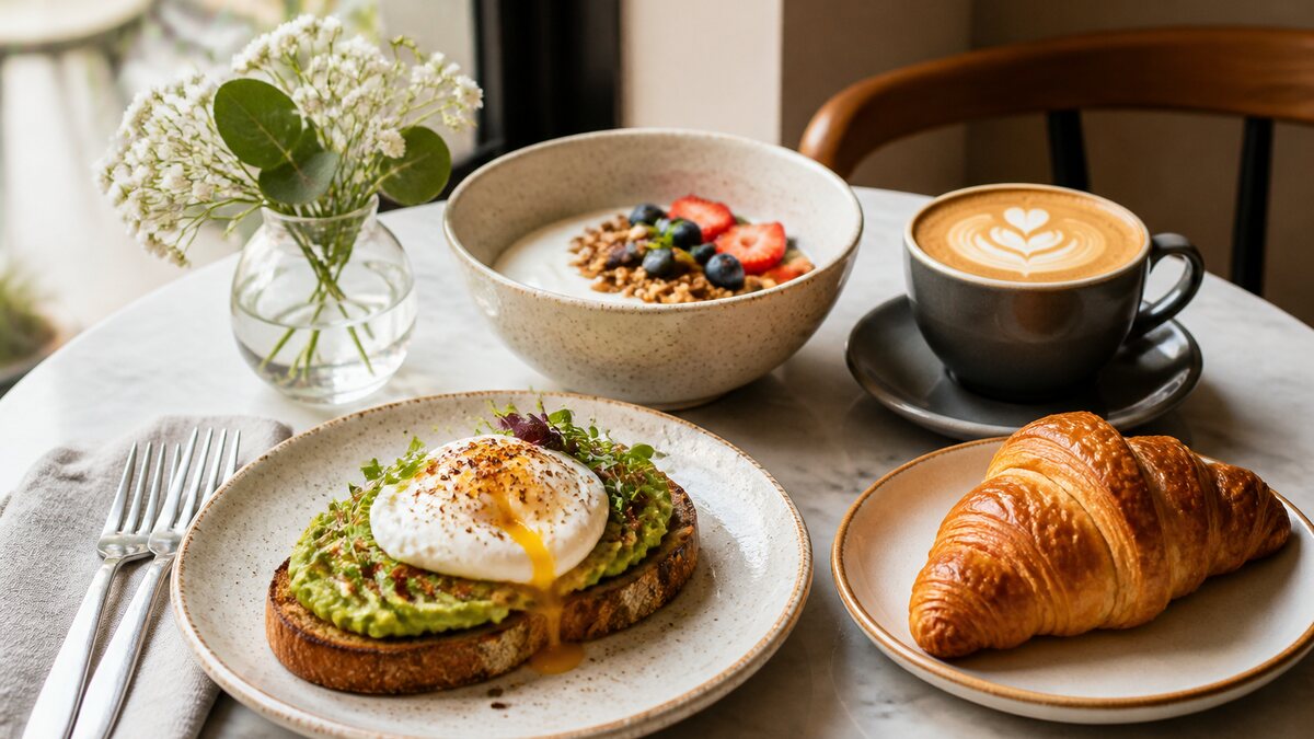 Café breakfast table with poached eggs on toast, a croissant, fruit, butter, jam, and a latte.