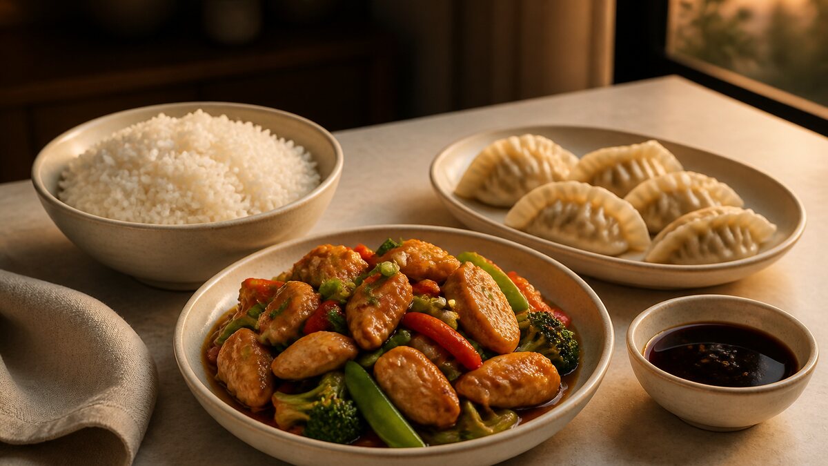 Open Chinese takeout containers holding steamed rice, sauced beef and broccoli, noodles, dumplings, and chili oil on a table.
