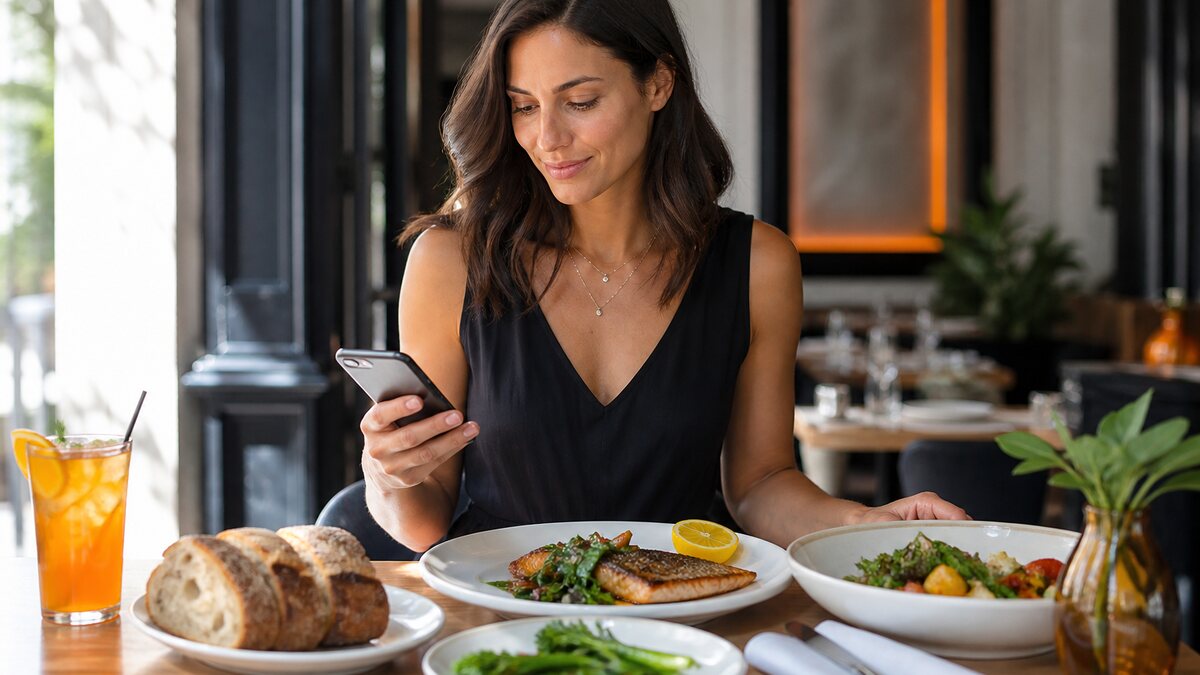 Friends sharing dinner at a restaurant while one diner checks a menu and meal notes on a phone.