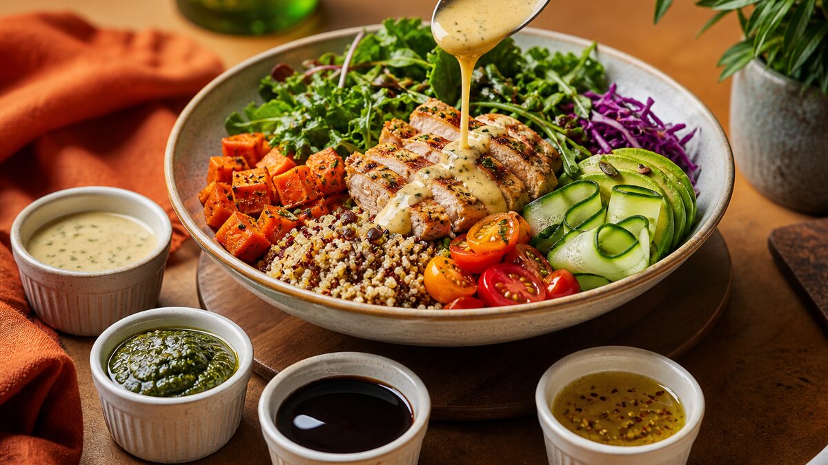 Small restaurant bowls of creamy dressing, herb oil, barbecue glaze, and tomato salsa beside a salad.