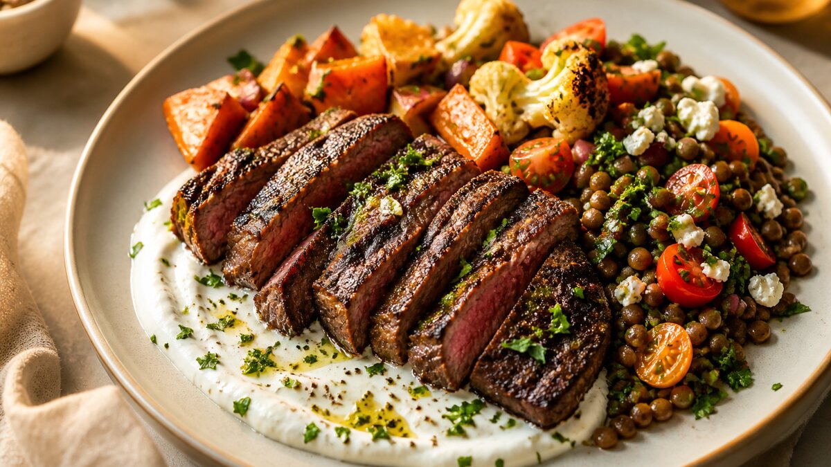 Restaurant table with grilled fish, lentil bowl, chicken skewers, vegetables, and yogurt sauce for sharing.