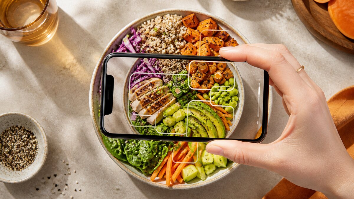 Smartphone camera framing a restaurant bowl with rice, salmon, avocado, vegetables, and dressing.