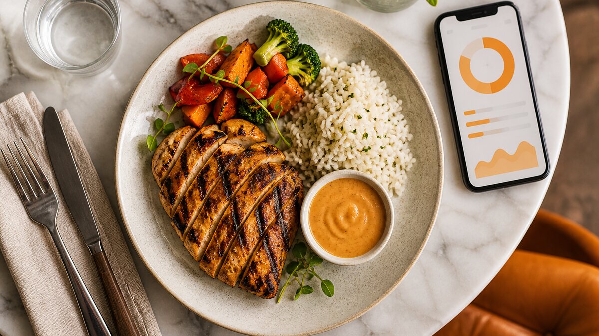 Diner reviewing a plated chicken, rice, and vegetable meal beside a phone showing a food log.