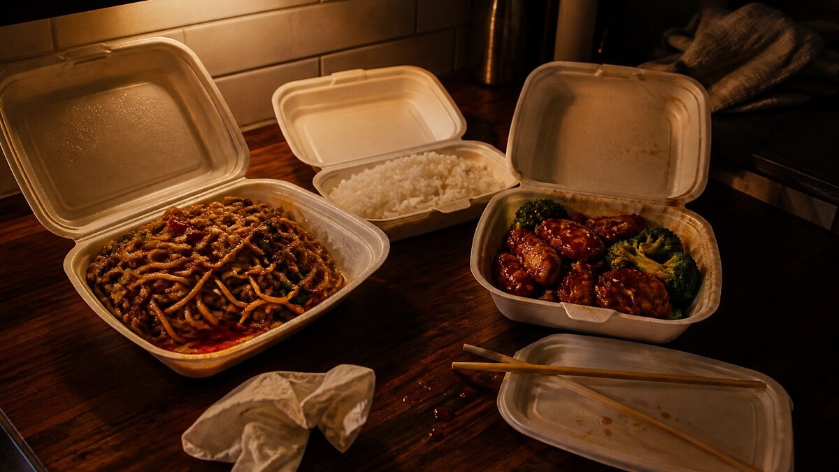 Open takeout containers of noodles, rice, and glazed chicken on a kitchen counter at night.
