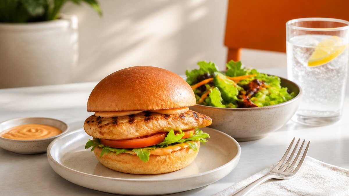 Fast-food tray with a grilled chicken sandwich, side salad, apple slices, water, and sauce packet.