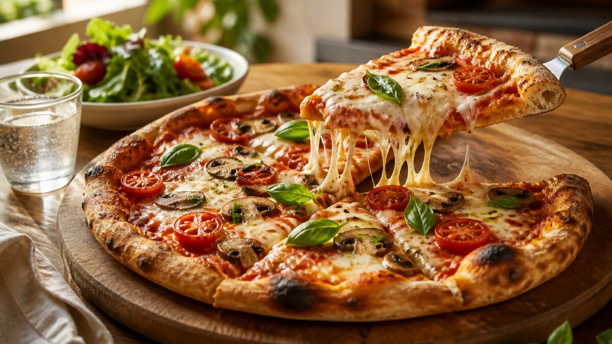 A sliced restaurant pizza with a raised cheese-and-mushroom slice showing the crust thickness and toppings.