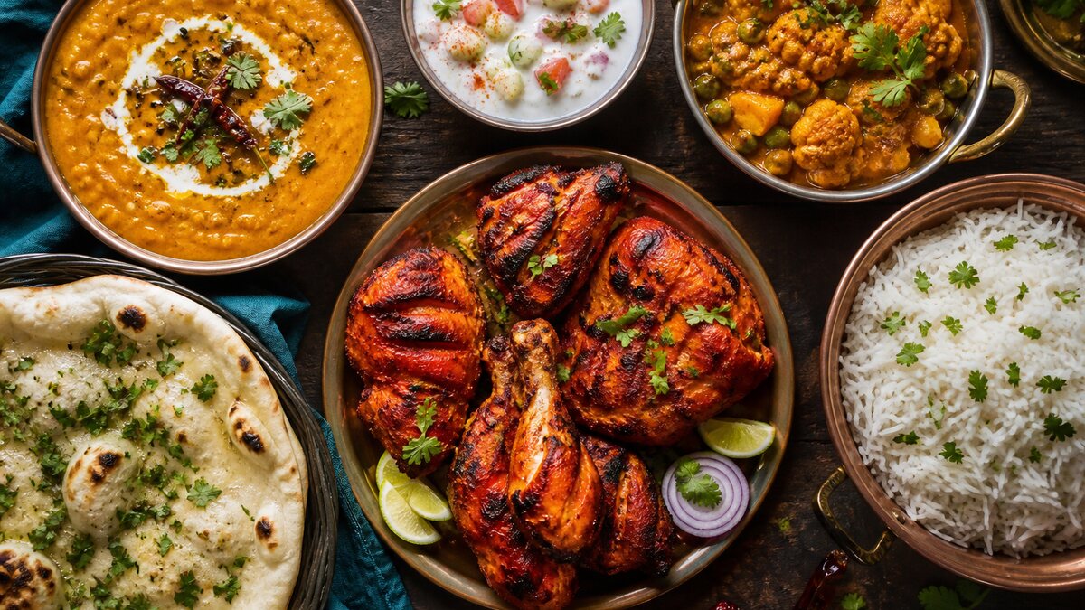 An Indian restaurant table with dal, chicken curry, palak paneer, basmati rice, naan, chutneys, and serving spoons.