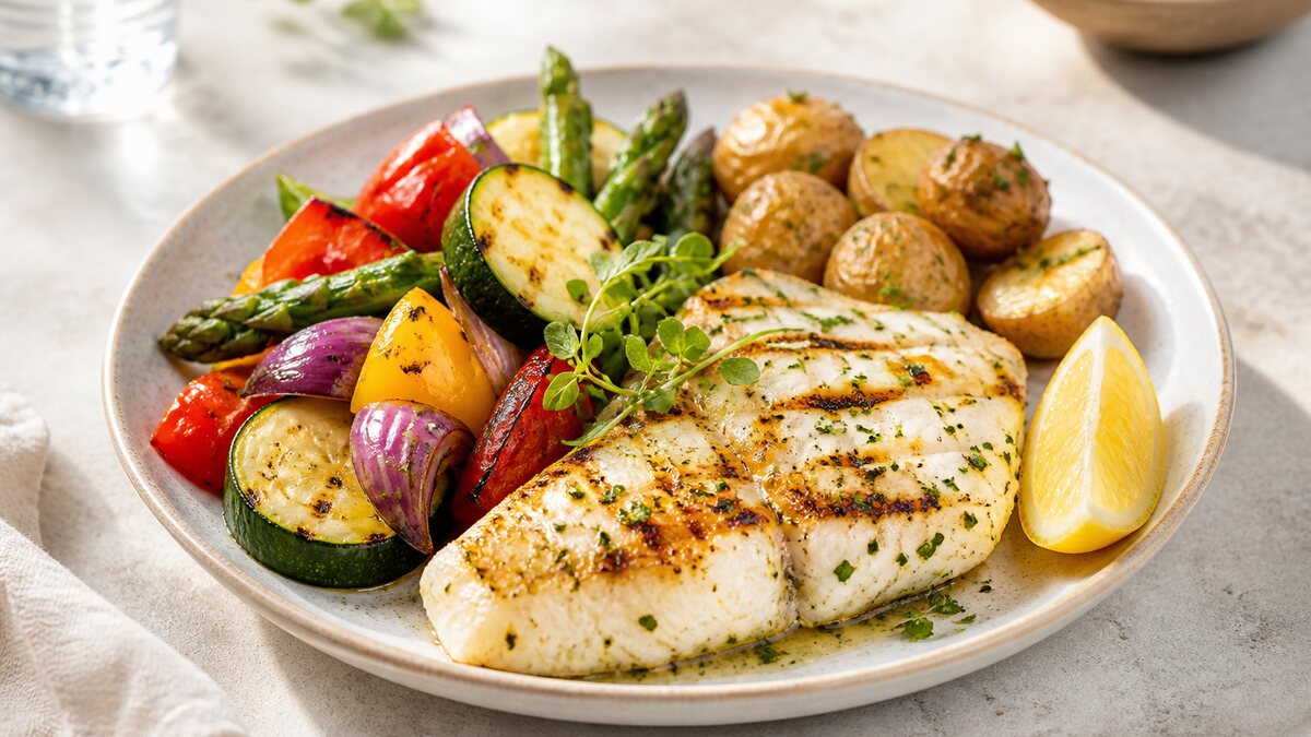Bright restaurant plate with grilled prawns, roasted vegetables, herbed potatoes, lemon, and sauce on the side.