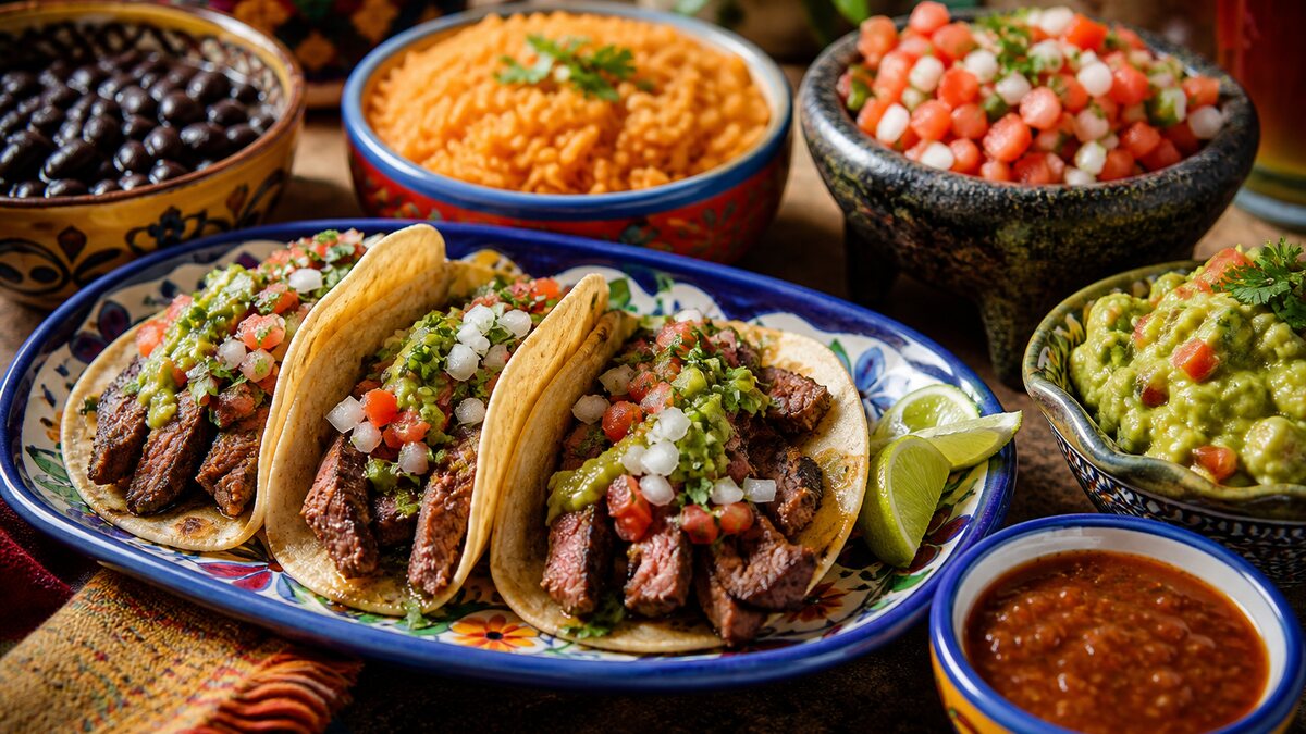 Tacos, rice, beans, salsa, and guacamole arranged across a colorful Mexican restaurant table.