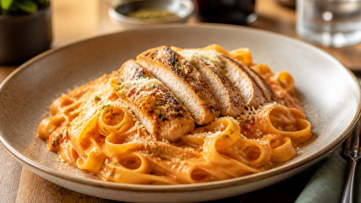 A wide restaurant bowl of tagliatelle in tomato cream sauce with grilled chicken, parmesan, and basil beside bread.