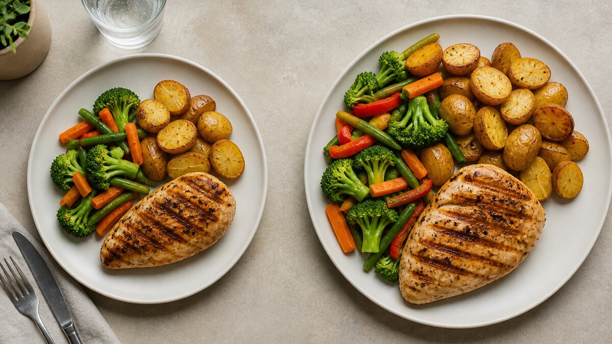 Two restaurant plates showing different portions of pasta, vegetables, and grilled chicken viewed from above.