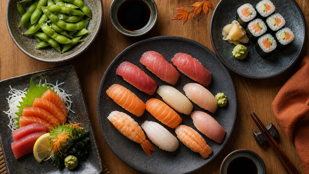 Assorted nigiri, maki, sashimi, pickled ginger, and soy sauce arranged on a dark Japanese serving plate.