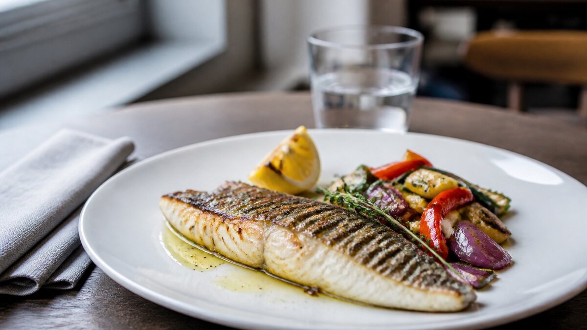 A simply grilled fish fillet with roasted vegetables and lemon on a white restaurant plate in daylight.