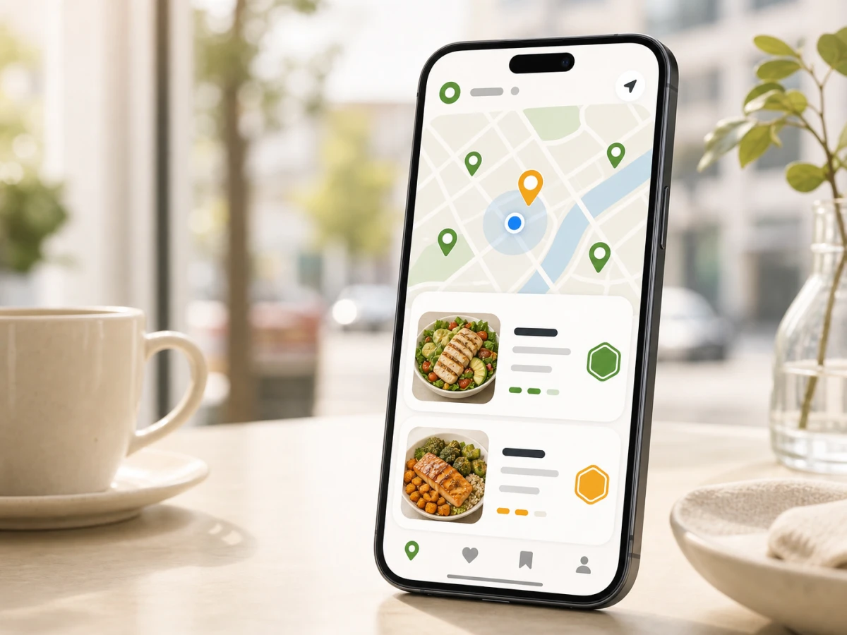 Trayly showing nearby restaurant options on a phone