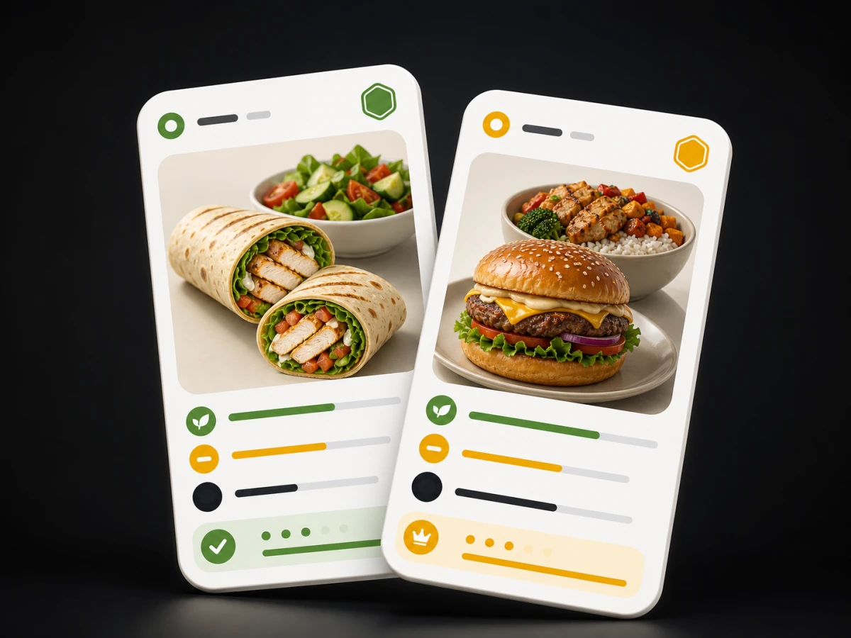 Two Trayly menu cards comparing lighter and higher-calorie restaurant meals